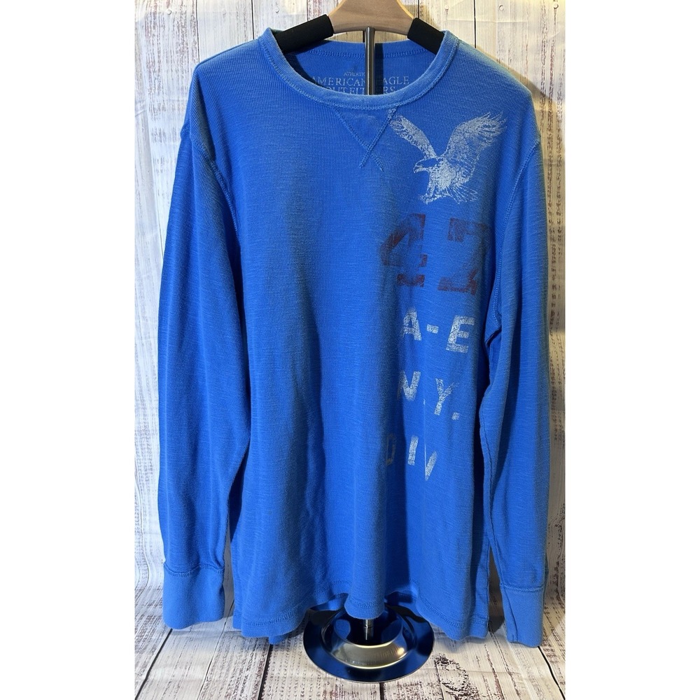 Y2K American Eagle Thermal Shirt Mens XXL Blue Eagle Logo Waffle Knit LS Grunge